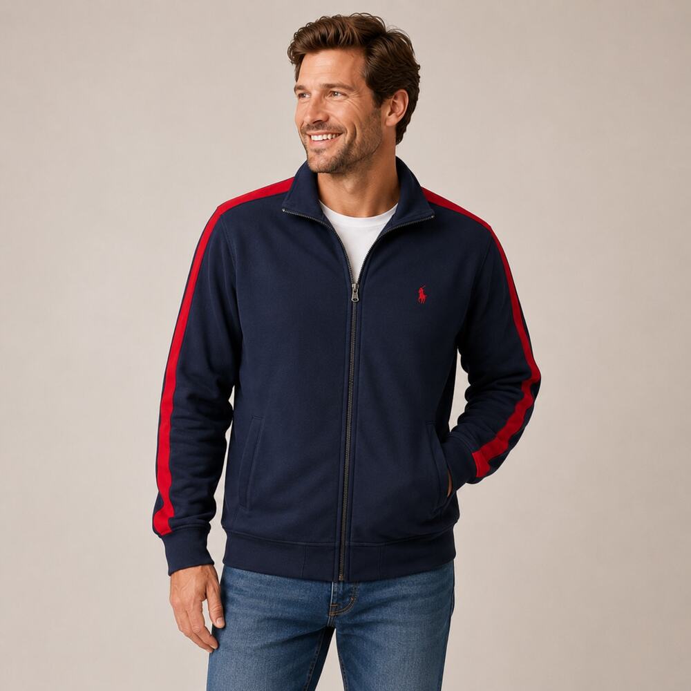 Polo Ralph Lauren Mens M Navy Red Stripe Full Zip Fleece Track Jacket Pony Retro